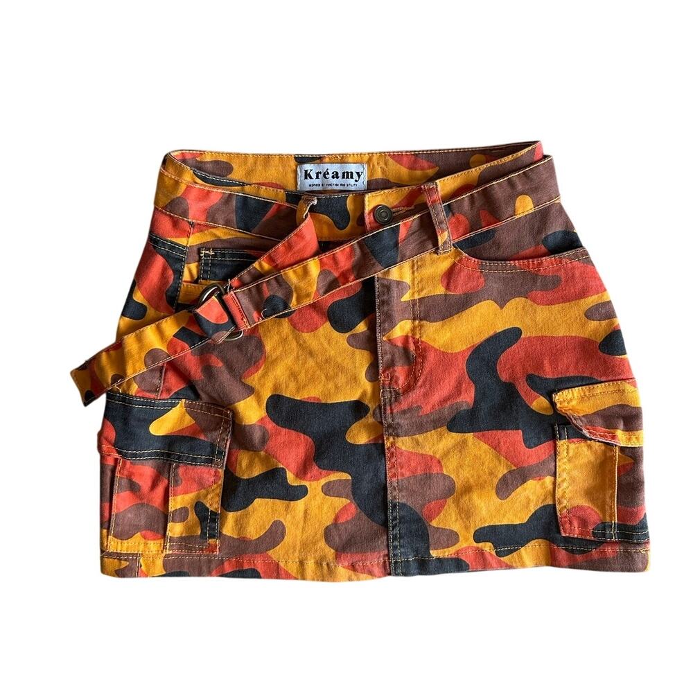 Kreamy Camouflage Cargo Mini Skirt High Waisted Orange Brown Camo Belted Size M